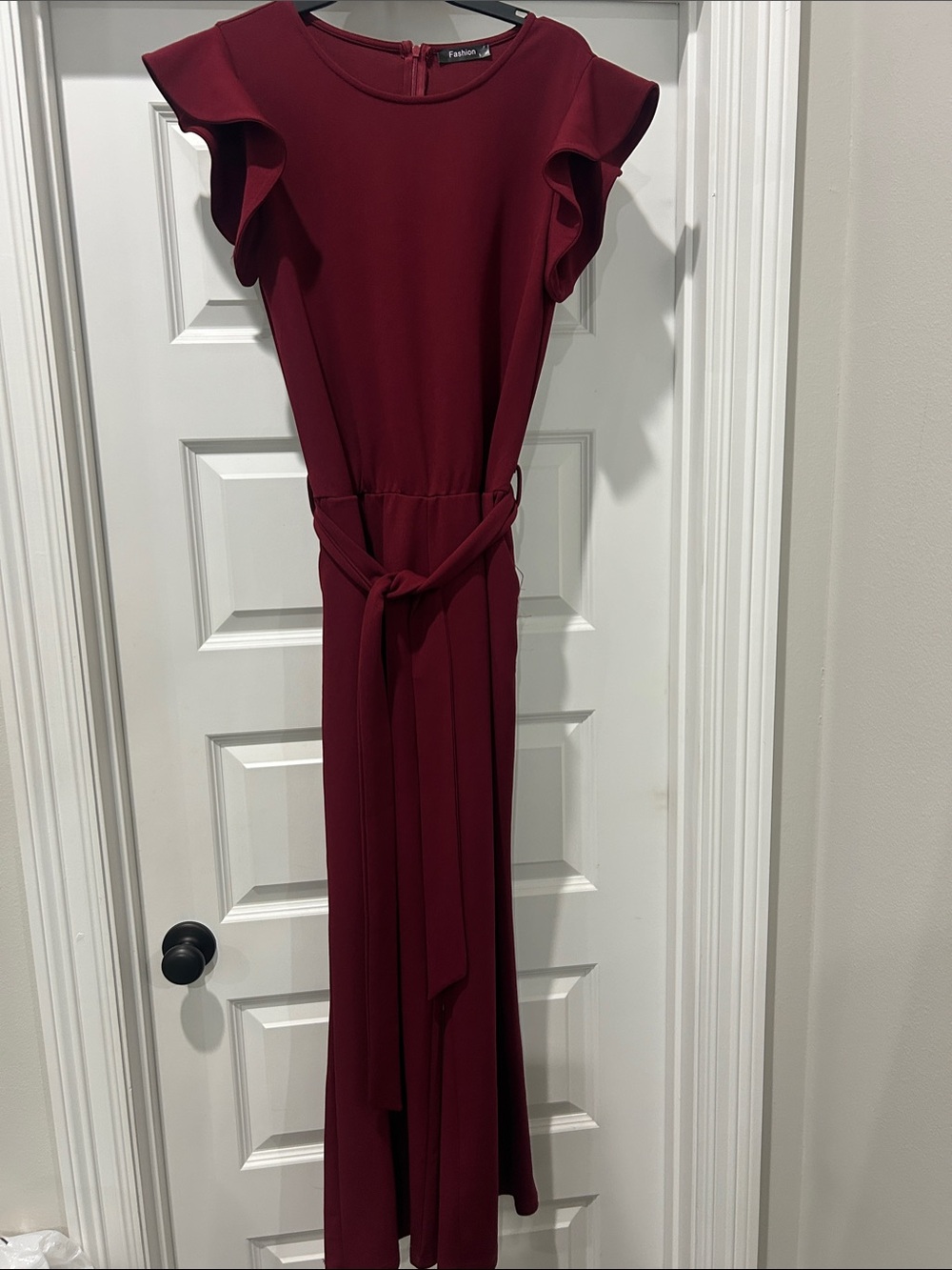 Fashion Nova Burgundy Ruffle-Sleeve Maxi Dress with Tie Waist